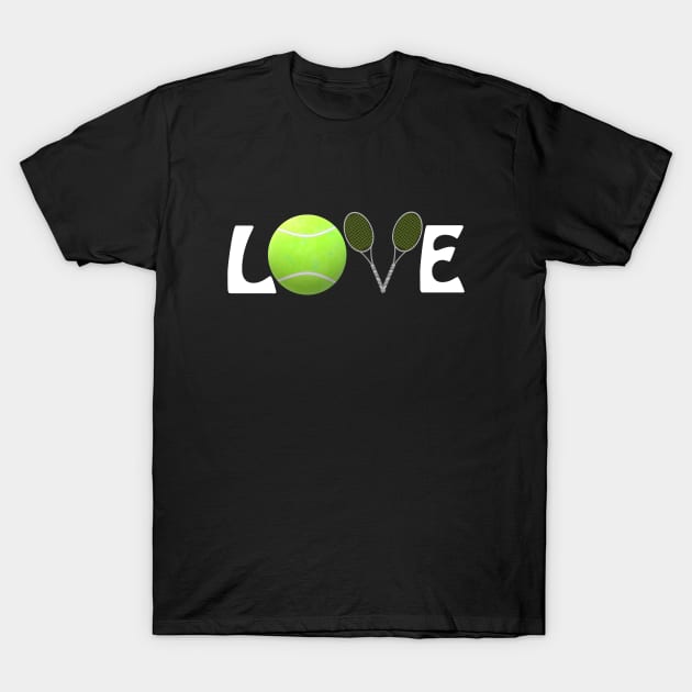 Tennis Lovers Rackets and Ball (White Letters) T-Shirt by Art By LM Designs 